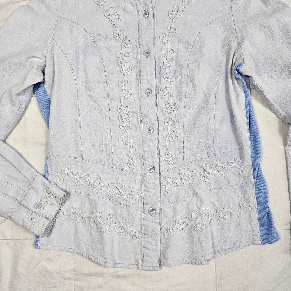 Reba Blue Denim Embroidered‎ Button Down Collar Long Sleeve Top Women's Size S - Picture 5 of 12